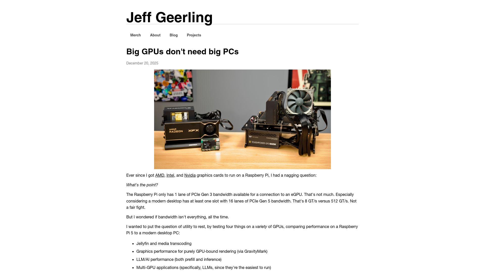 Screenshot of jeffgeerling.com: Big GPUs don't need big PCs