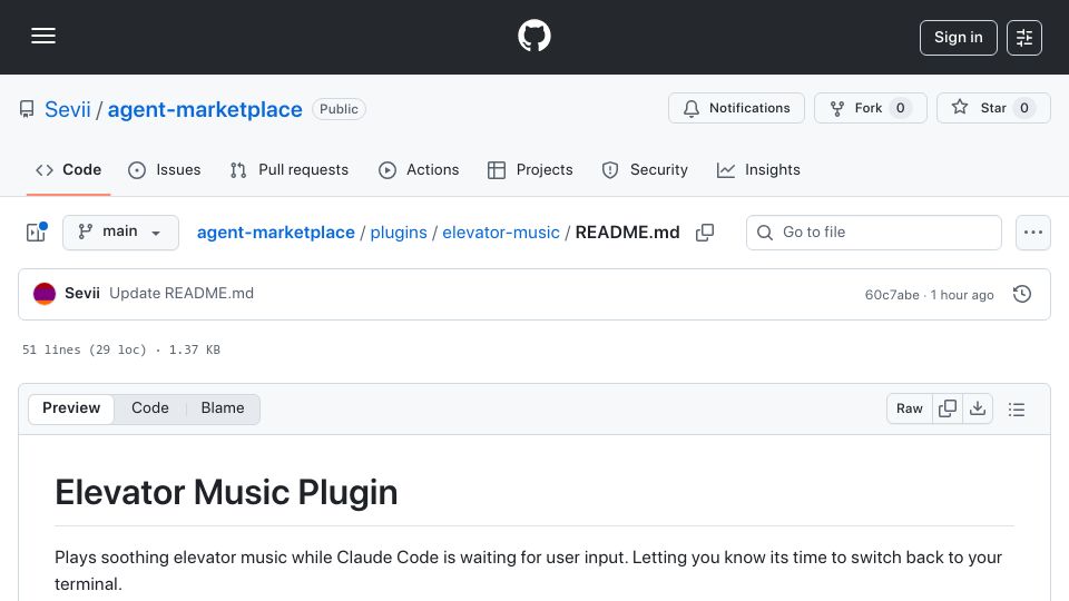 Screenshot of github.com: Show HN: Claude Code Plugin to play music when waiting on user input