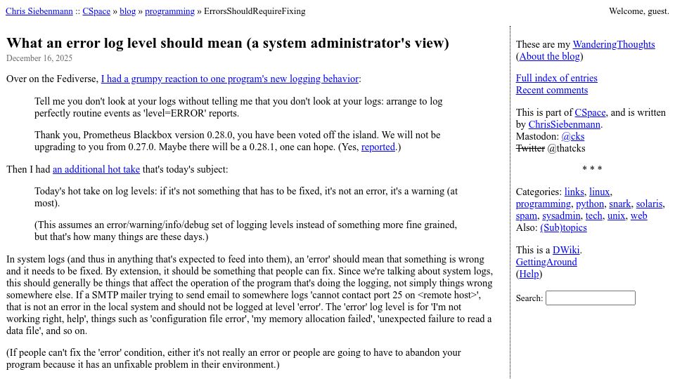 Screenshot of utcc.utoronto.ca: Log level 'error' should mean that something needs to be fixed