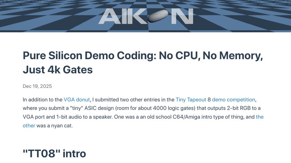 Screenshot of a1k0n.net: Pure Silicon Demo Coding: No CPU, No Memory, Just 4k Gates