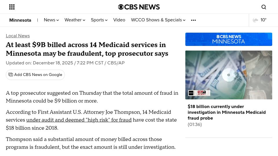 Screenshot of cbsnews.com: At least $9B billed across 14 Medicaid services in Minnesota may be fraudulent