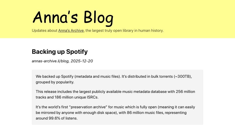 Screenshot of annas-archive.li: Backing up Spotify