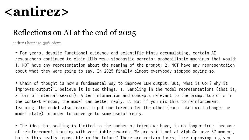 Screenshot of antirez.com: Reflections on AI at the End of 2025