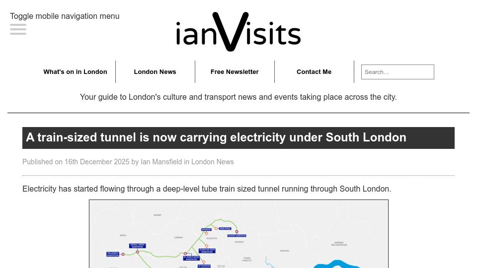 Screenshot of ianvisits.co.uk: A train-sized tunnel is now carrying electricity under South London