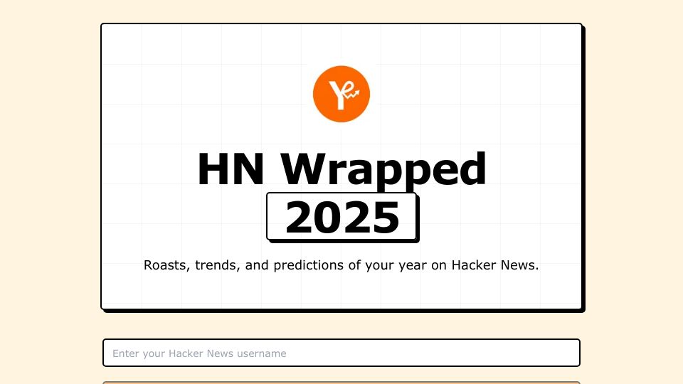 Screenshot of hn-wrapped.kadoa.com: Show HN: HN Wrapped 2025 - an LLM reviews your year on HN