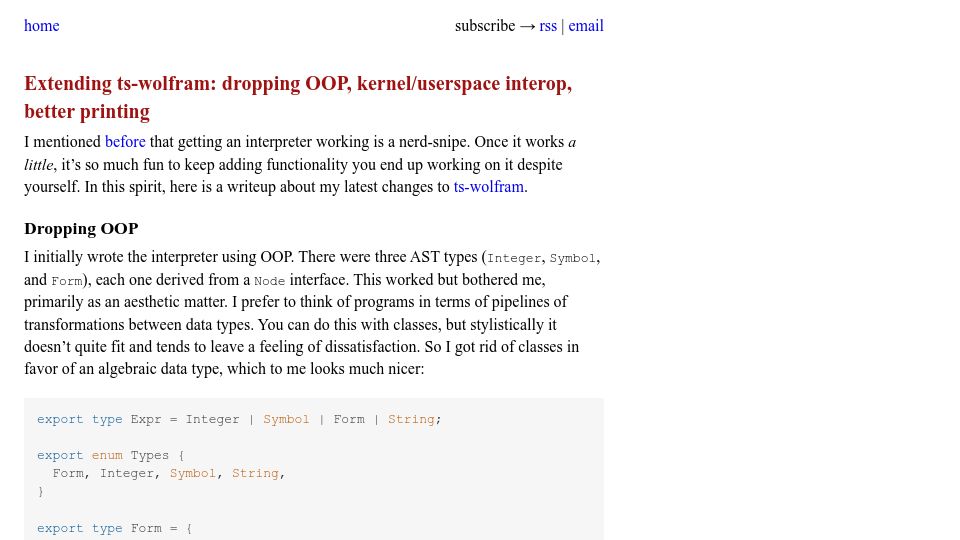 Screenshot of spakhm.com: Extending ts-Wolfram: dropping OOP, kernel/userspace interop, better printing