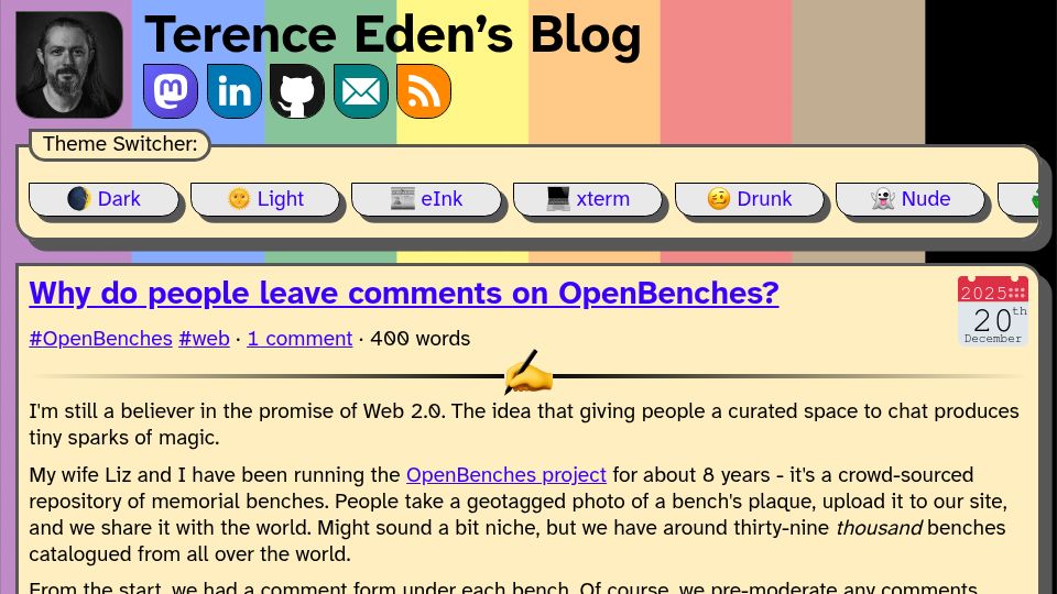 Screenshot of shkspr.mobi: Why do people leave comments on OpenBenches?