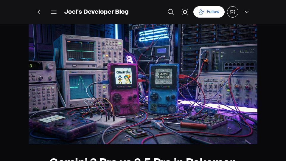 Screenshot of blog.jcz.dev: Gemini 3 Pro vs. 2.5 Pro in Pokemon Crystal