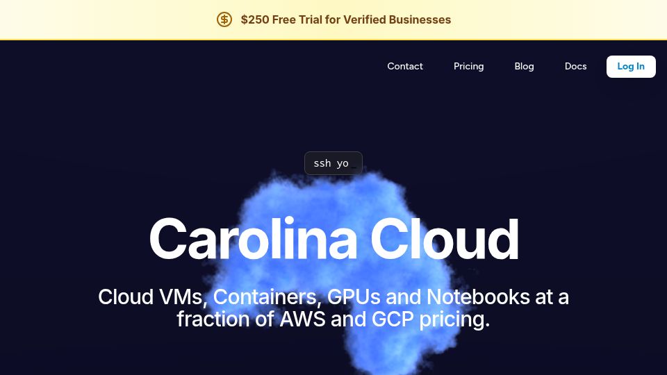 Screenshot of carolinacloud.io: Carolina Cloud – One third the cost of AWS for data science workloads