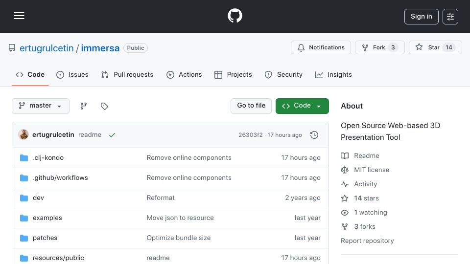 Screenshot of github.com: Immersa: Open-source Web-based 3D Presentation Tool