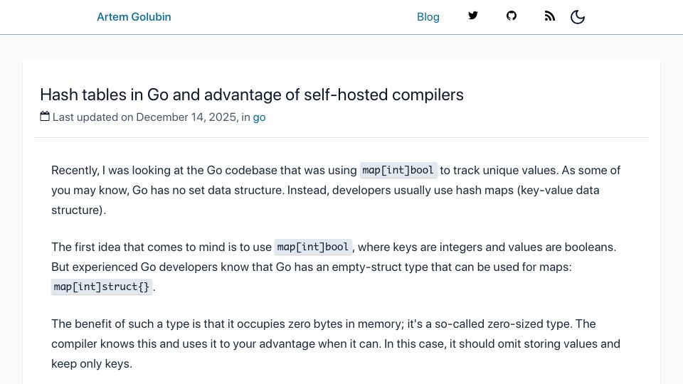Screenshot of rushter.com: Hash tables in Go and advantage of self-hosted compilers