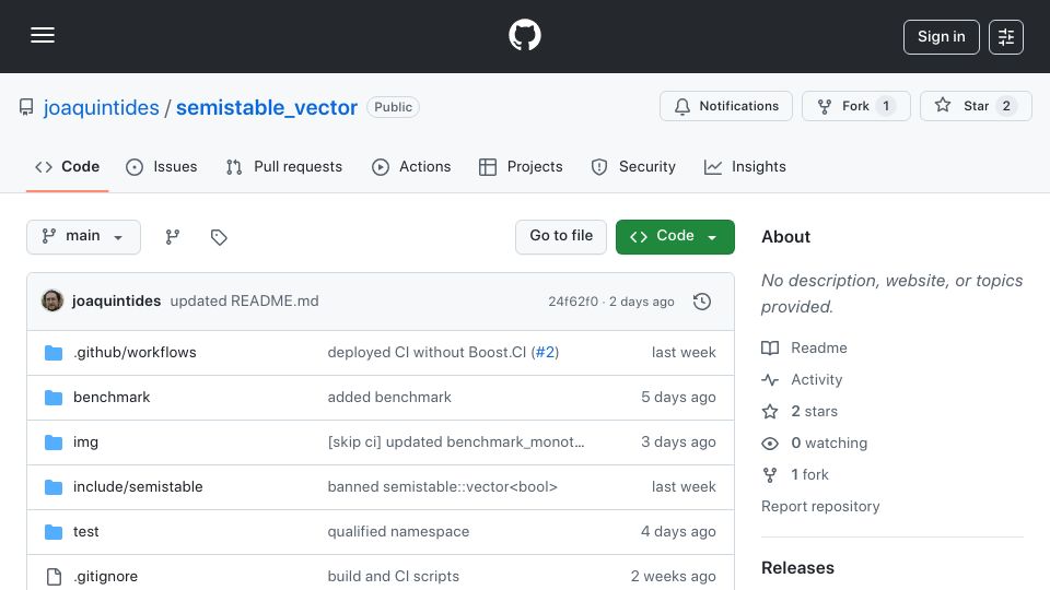 Screenshot of github.com: A proof of concept of a semistable C++ vector container