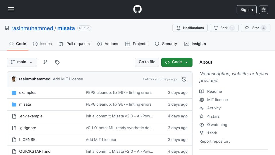 Screenshot of github.com: Show HN: Misata – synthetic data engine using LLM and Vectorized NumPy