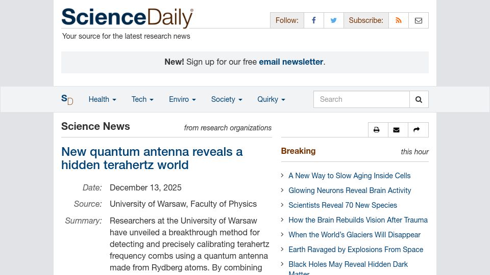 Screenshot of sciencedaily.com: New Quantum Antenna Reveals a Hidden Terahertz World