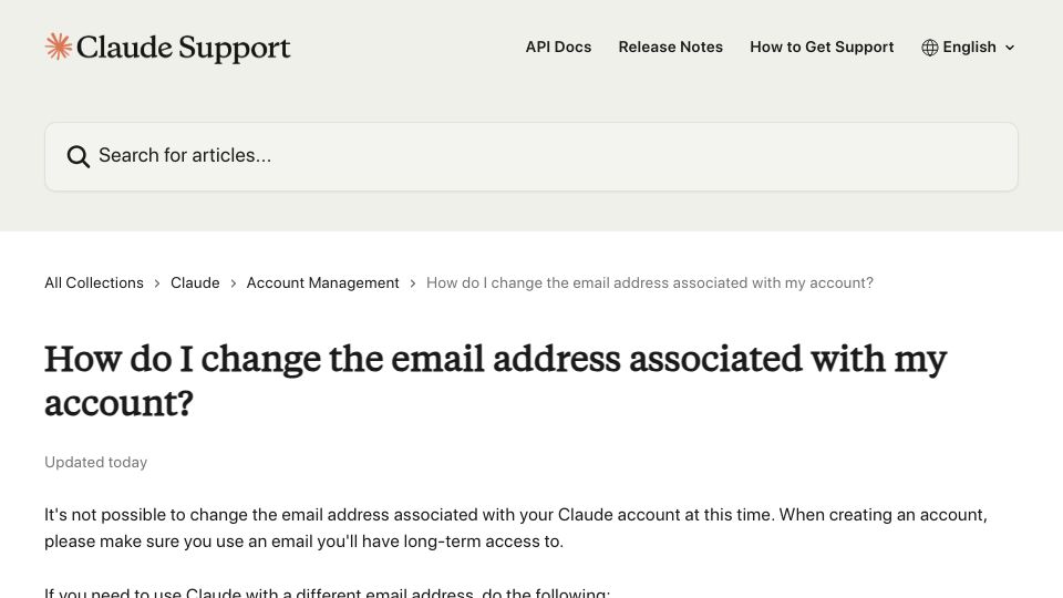 Screenshot of support.claude.com: Anthropic: You can't change your Claude account email address