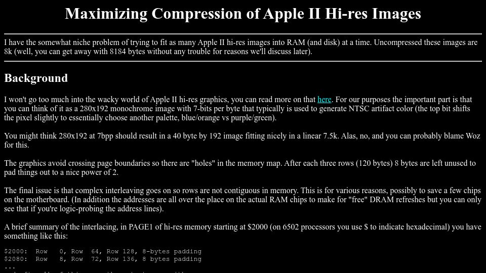 Screenshot of deater.net: Maximizing Compression of Apple II Hi-Res Images
