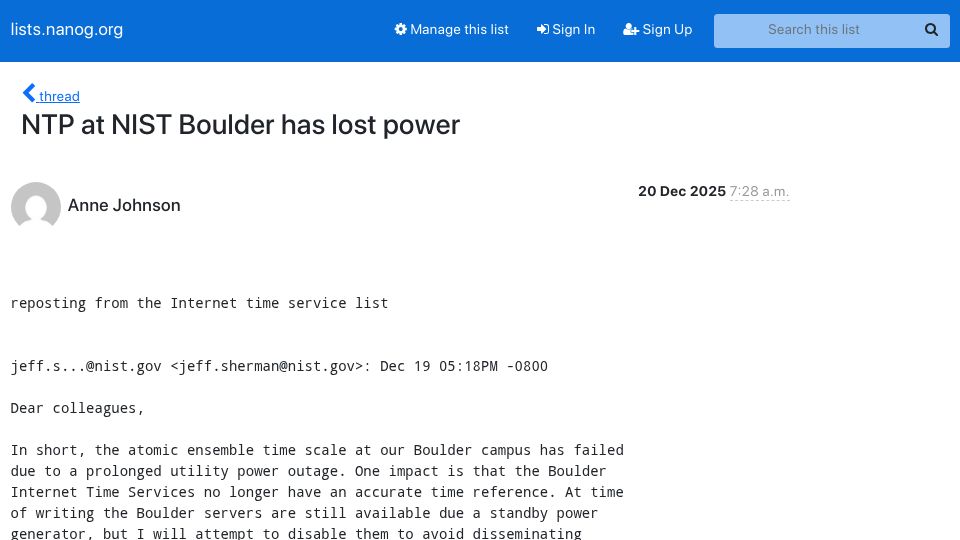 Screenshot of lists.nanog.org: NTP at NIST Boulder Has Lost Power
