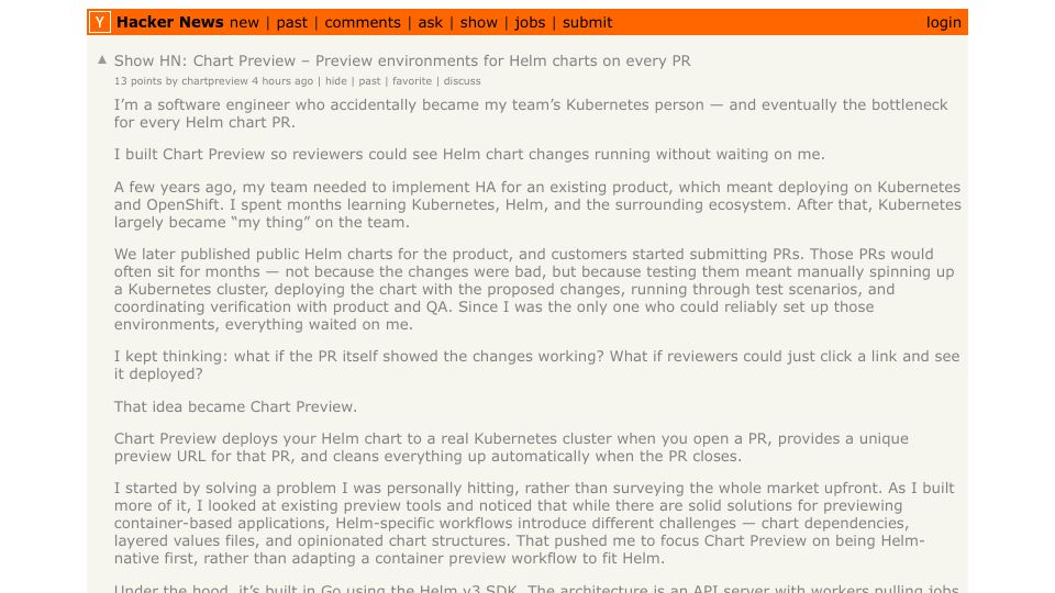 Screenshot of Hacker News post: Show HN: Chart Preview – Preview environments for Helm charts on every PR