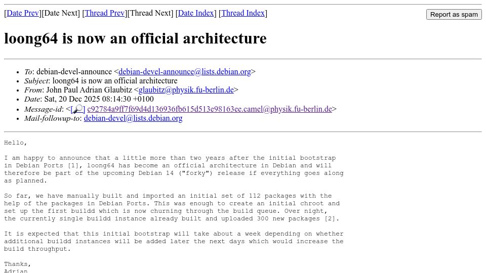 Screenshot of lists.debian.org: Debian adds LoongArch as officially supported architecture