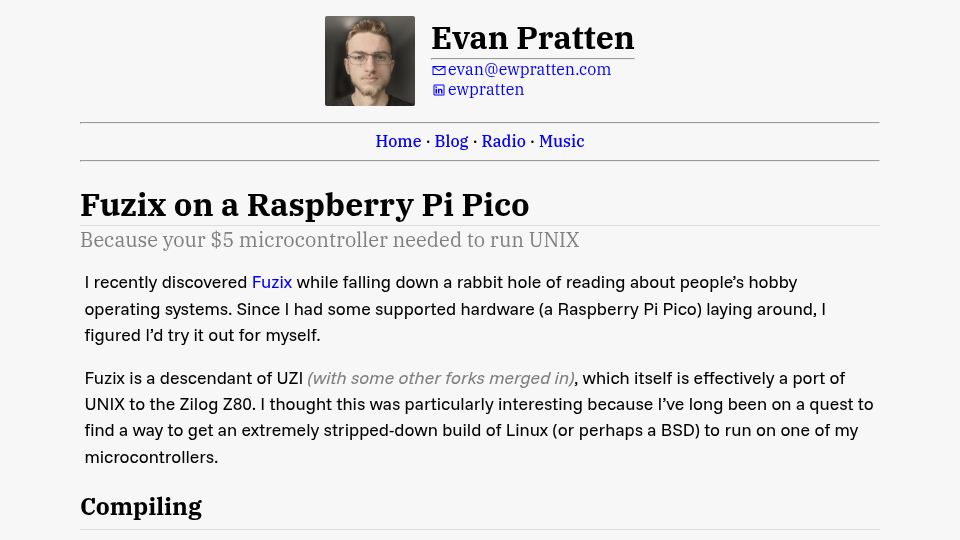 Screenshot of ewpratten.com: Fuzix on a Raspberry Pi Pico
