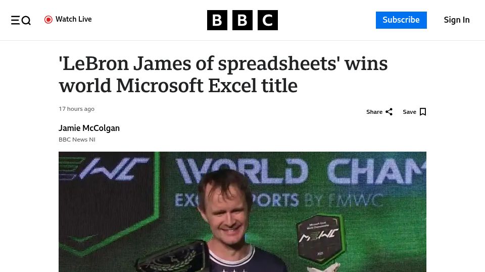 Screenshot of bbc.com: Ireland’s Diarmuid Early wins world Microsoft Excel title