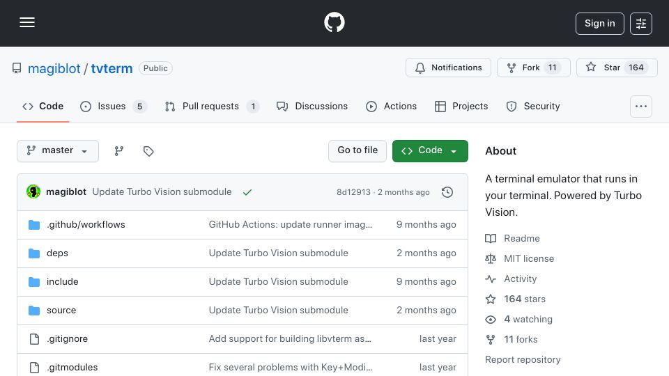 Screenshot of github.com: A terminal emulator that runs in your terminal. Powered by Turbo Vision