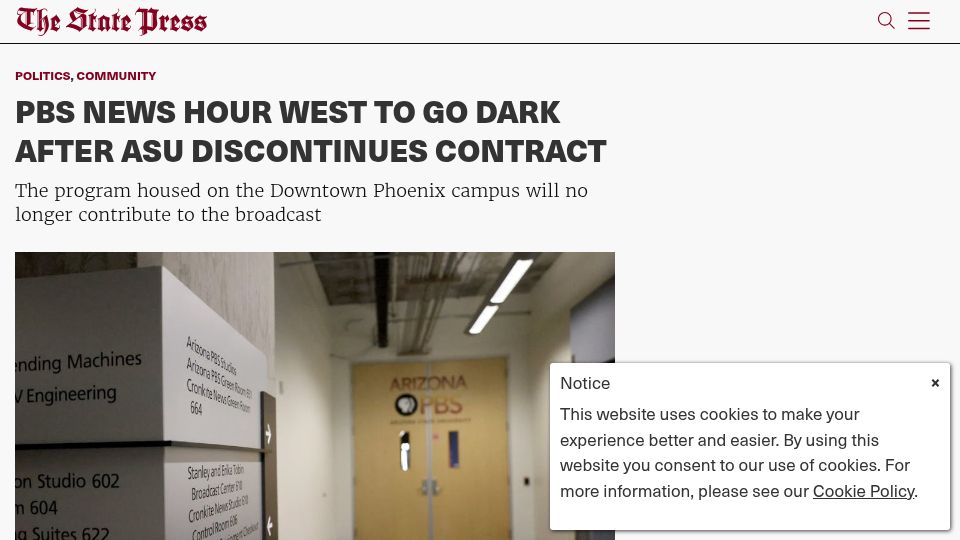 Screenshot of statepress.com: PBS News Hour West to go dark after ASU discontinues contract