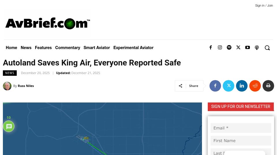 Screenshot of avbrief.com: Autoland saves King Air, everyone reported safe