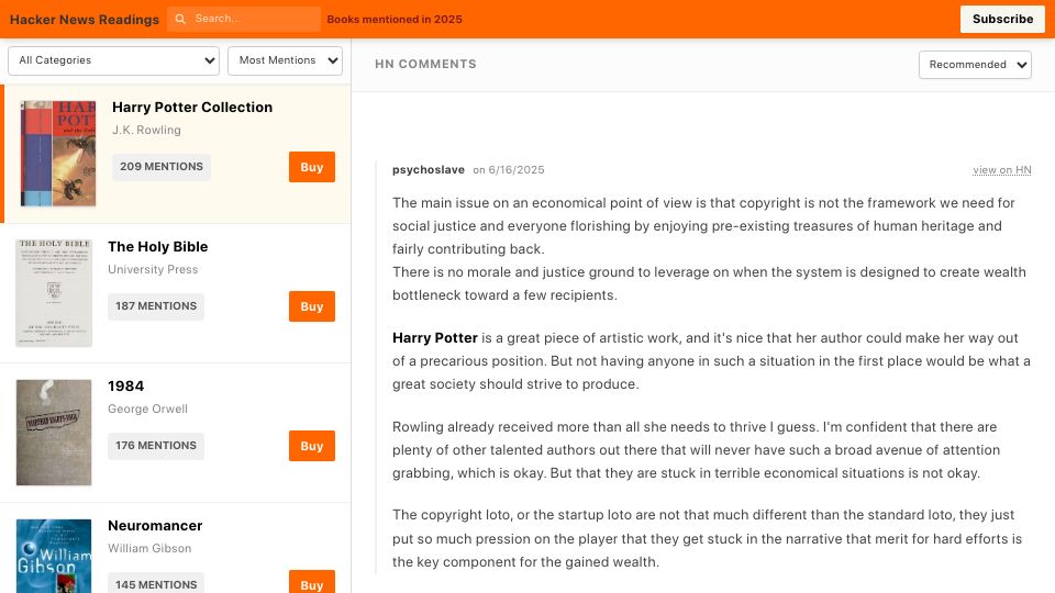 Screenshot of hackernews-readings-613604506318.us-west1.run.app: Show HN: Books mentioned on Hacker News in 2025