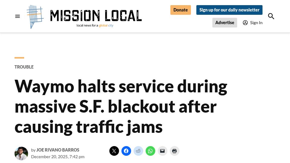 Screenshot of missionlocal.org: Waymo halts service during S.F. blackout after causing traffic jams