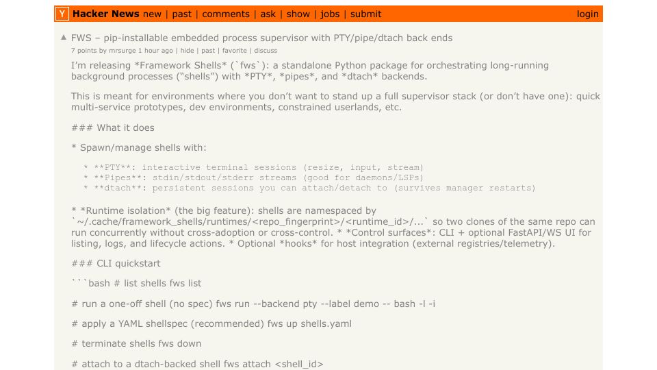 Screenshot of Hacker News post: FWS – pip-installable embedded process supervisor with PTY/pipe/dtach back ends