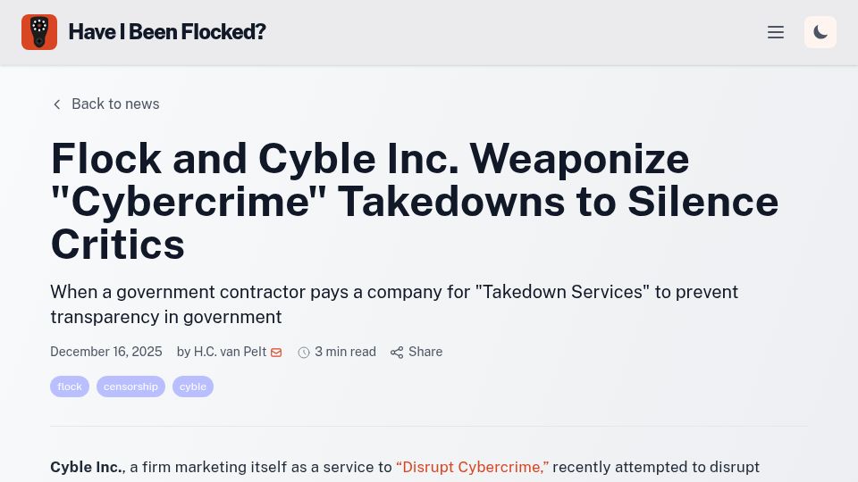 Screenshot of haveibeenflocked.com: Flock and Cyble Inc. weaponize “cybercrime” takedowns to silence critics