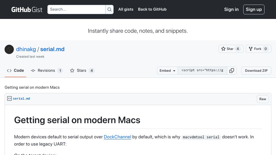 Screenshot of gist.github.com: Getting serial port output on modern Macs