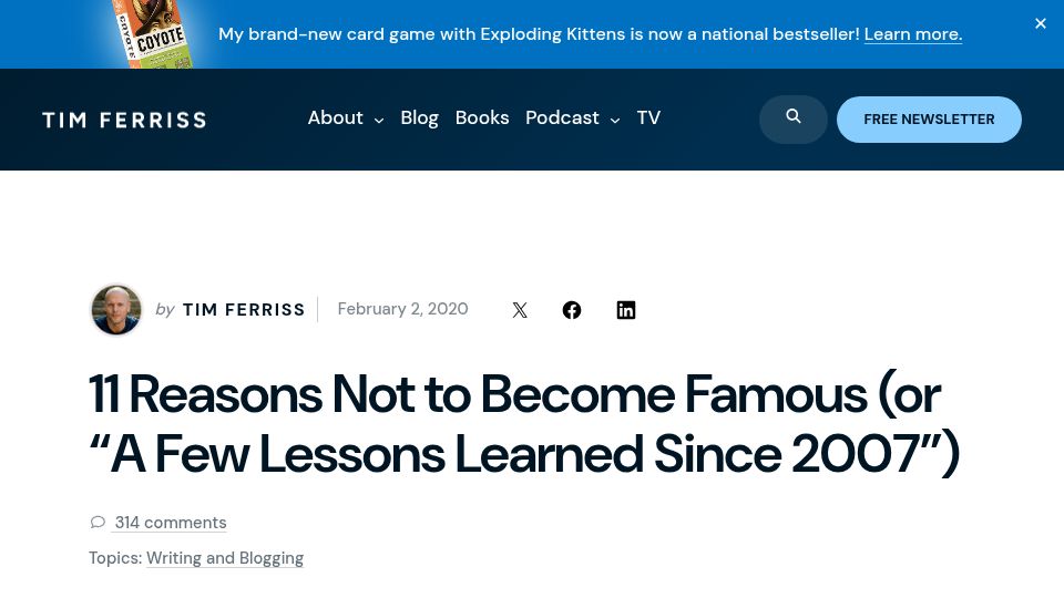 Screenshot of tim.blog: Reasons not to become famous (2020)