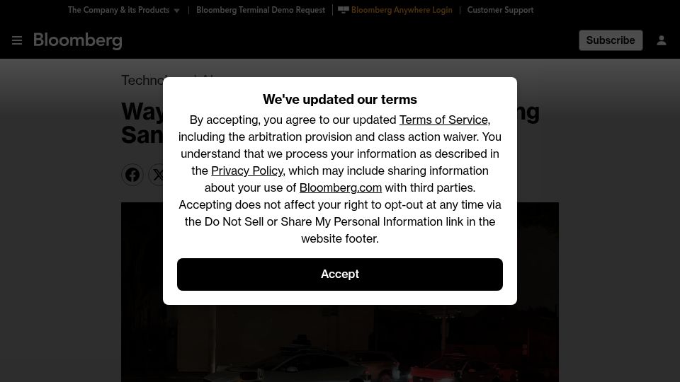Screenshot of bloomberg.com: Waymos Froze, Blocked Traffic During San Francisco Power Outage