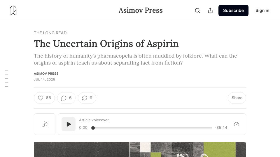Screenshot of asimov.press: The uncertain origins of aspirin