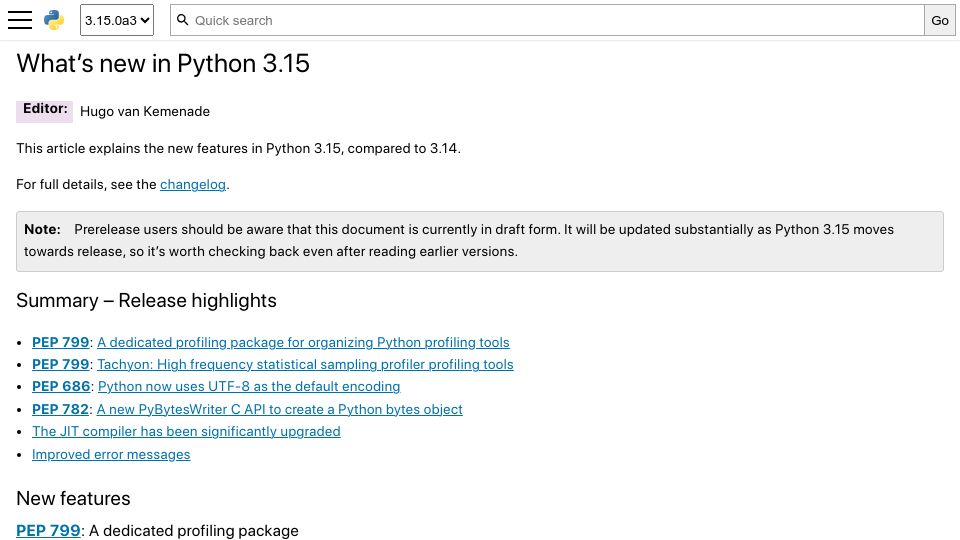 Screenshot of docs.python.org: What's New in Python 3.15