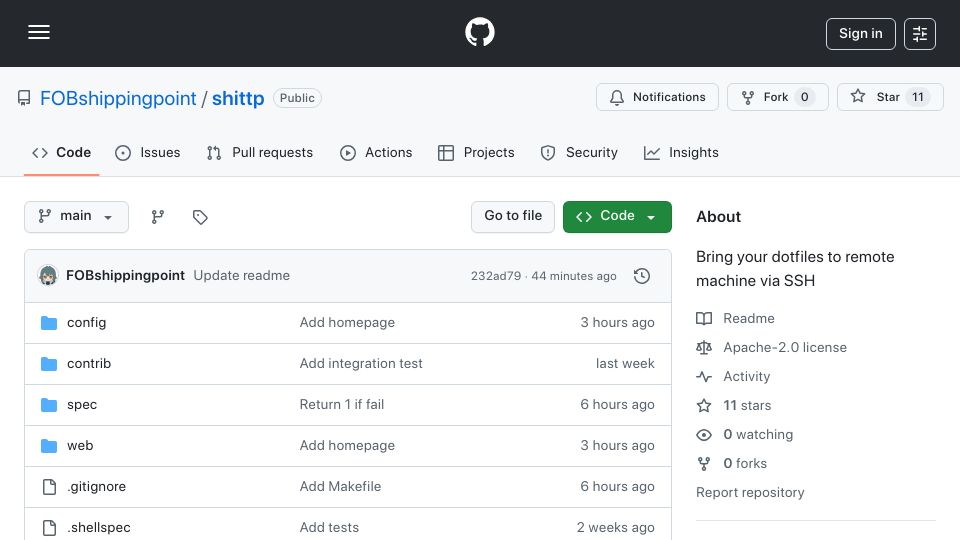 Screenshot of github.com: Show HN: Shittp – Volatile Dotfiles over SSH
