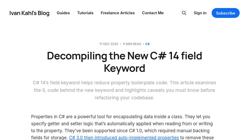 Screenshot of blog.ivankahl.com: Decompiling the New C# 14 field Keyword