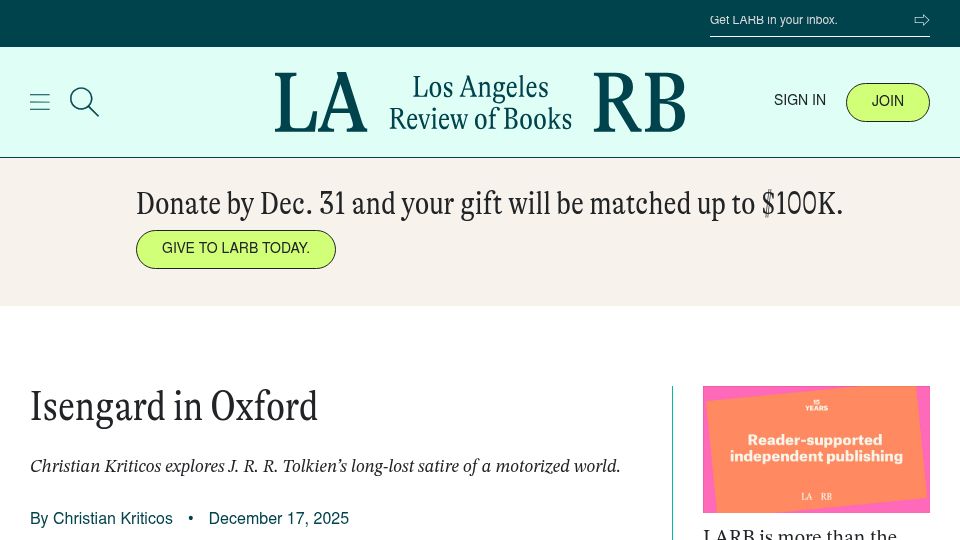 Screenshot of lareviewofbooks.org: Isengard in Oxford