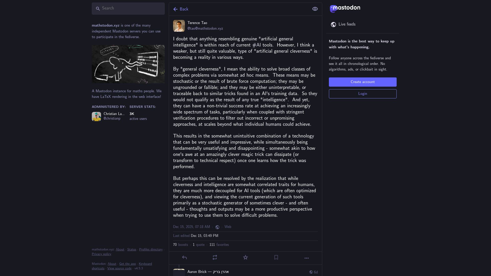 Screenshot of mathstodon.xyz: I doubt that anything resembling genuine AGI is within reach of current AI tools