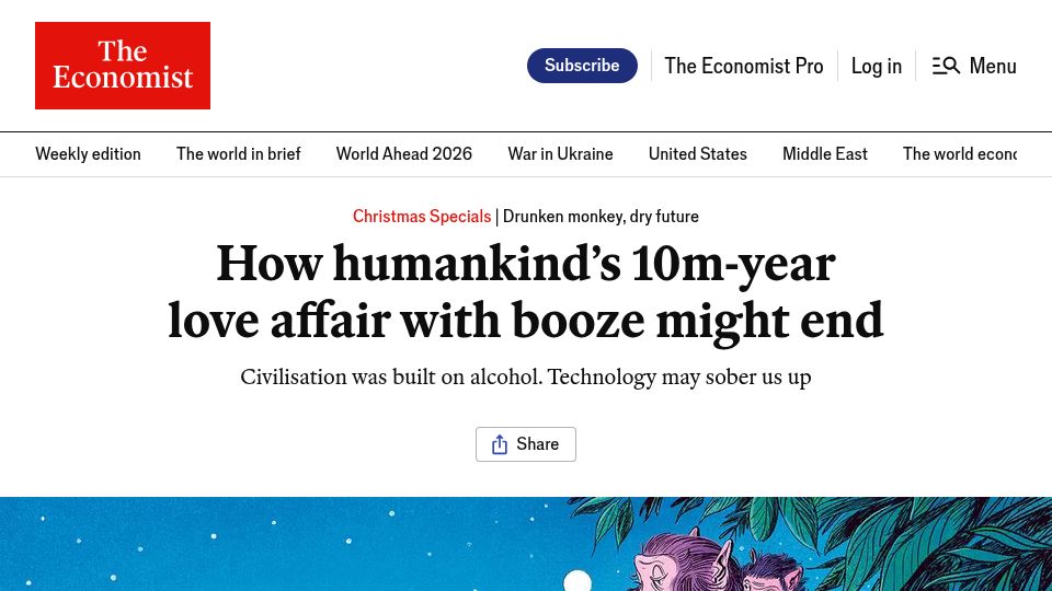 Screenshot of economist.com: Humankind's 10 million year love affair with booze might end