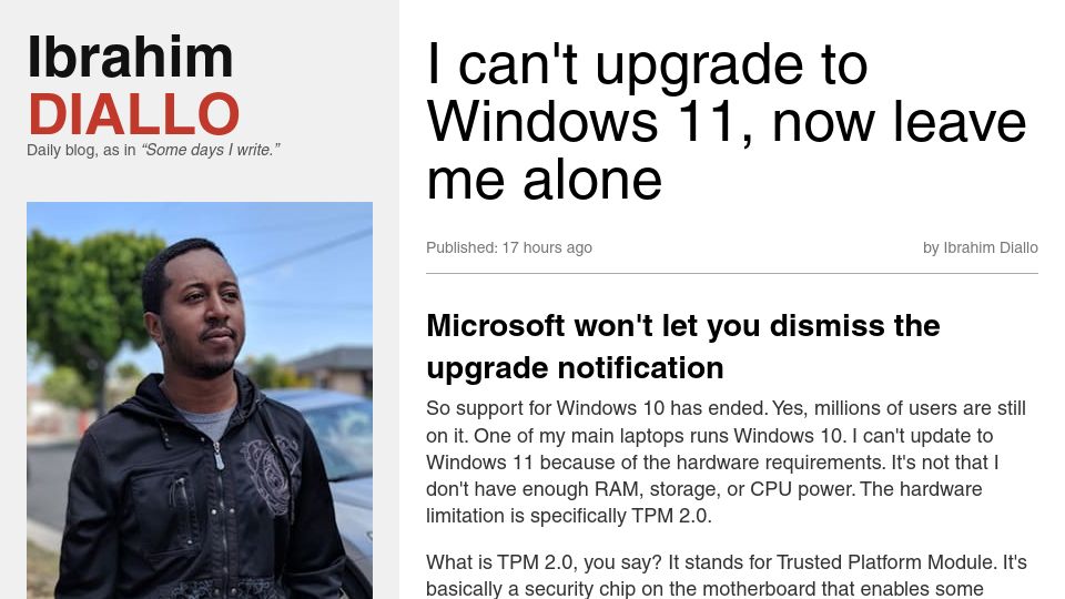 Screenshot of idiallo.com: I can't upgrade to Windows 11, now leave me alone