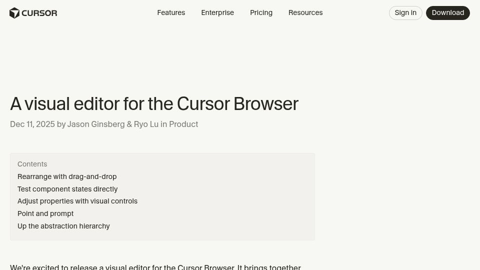 Screenshot of cursor.com: A visual editor for the Cursor Browser