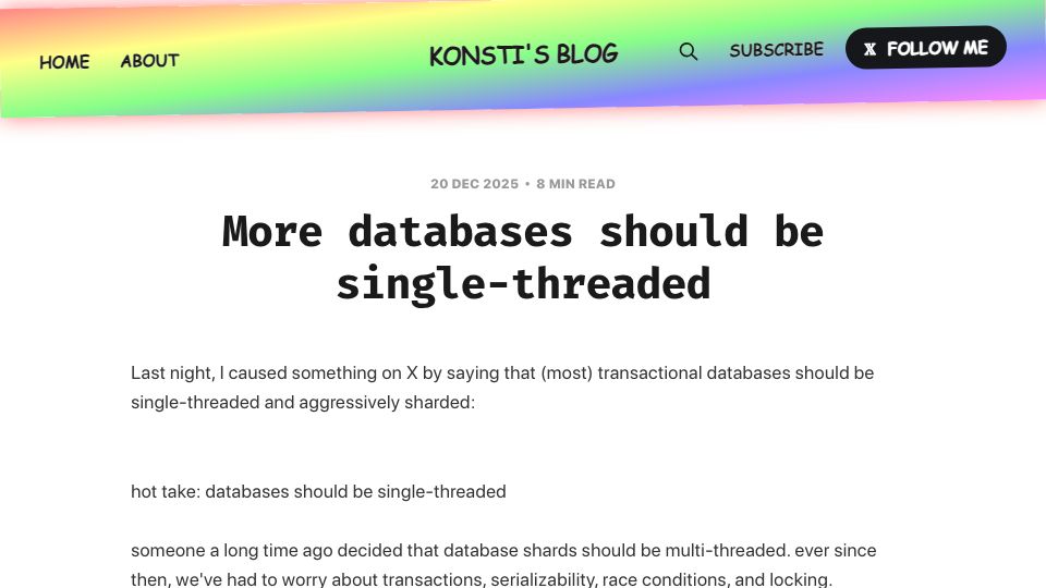 Screenshot of blog.konsti.xyz: More databases should be single-threaded