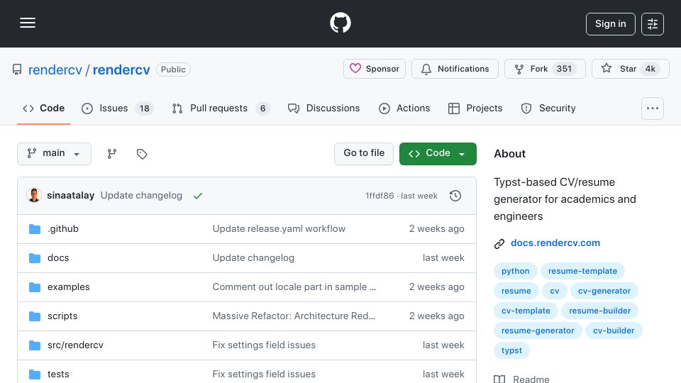 Screenshot of github.com: Show HN: RenderCV – Open-source CV/resume generator, YAML to PDF