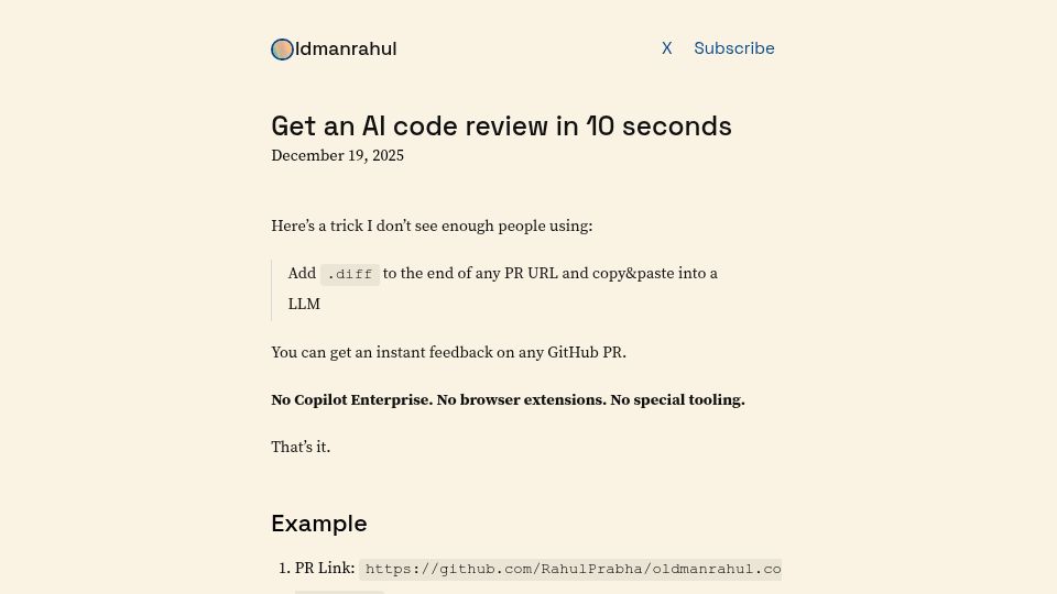 Screenshot of oldmanrahul.com: Get an AI code review in 10 seconds
