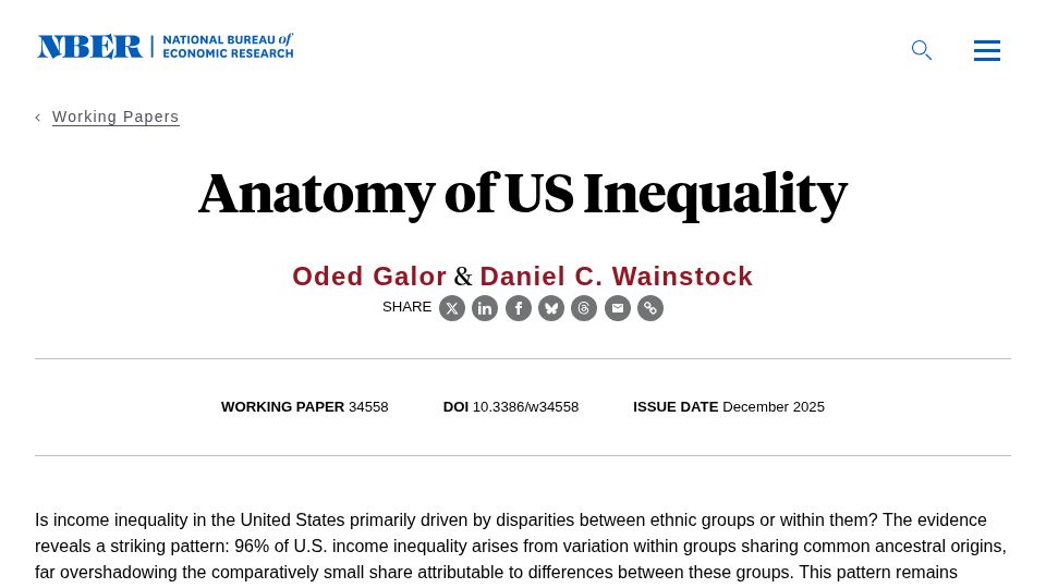 Screenshot of nber.org: Anatomy of US inequality