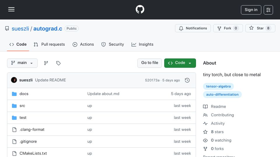 Screenshot of github.com: Show HN: Autograd.c – A tiny ML framework built from scratch