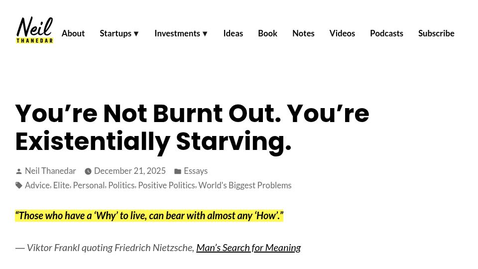 Screenshot of neilthanedar.com: You’re not burnt out, you’re existentially starving